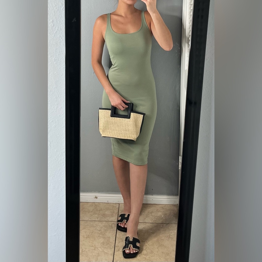 Zara sagegreen stretch knit bodycon tank midi dress M casual minimalist vacation - Picture 5 of 12